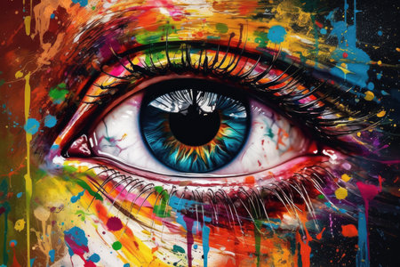 Vibrant multicolored makeup adorns a woman's eye, celebrating LGBTQ pride. Generative AIの素材