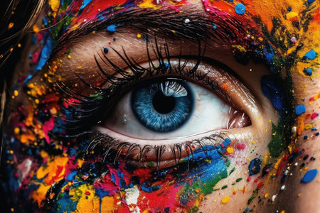 Vibrant multicolored makeup adorns a woman's eye, celebrating LGBTQ pride. Generative AIの素材