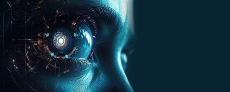 Intricate blend of cyborg female visage and high tech cyber security, AI concepts unite., copy space. Generative AIの素材