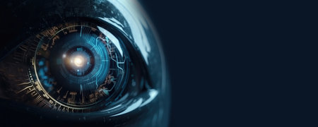 Intricate blend of cyborg female visage and high tech cyber security, AI concepts unite., copy space. Generative AIの素材