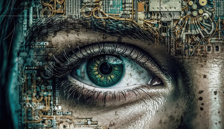 Human eye melds with circuitry, epitomizing technology's reach. Generative AIの素材