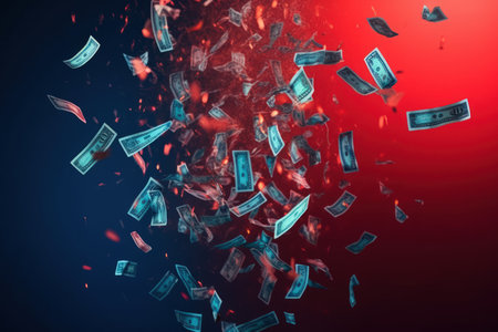 Dollar banknotes soar through the air, epitomizing financial success. Generative AIの素材