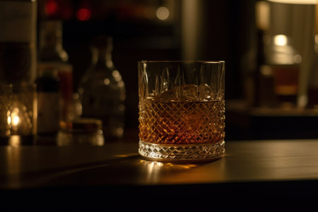 Rich whiskey in a glass, poised elegantly on a wooden table. Generative AIの素材