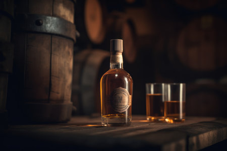 Whiskey bottle takes center stage before an aged barrel, evoking tradition. Generative AIの素材