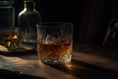 Rich whiskey in a glass, poised elegantly on a wooden table. Generative AIの素材