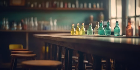 Dimly lit pub interior evokes warmth, with its bar counter and wooden chairs. Generative AIの素材