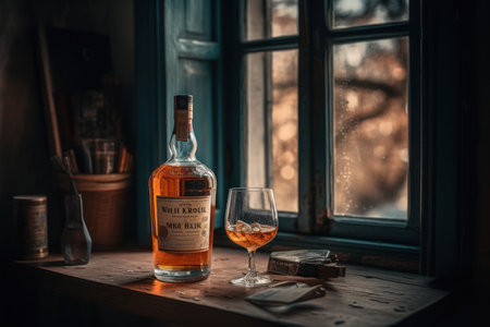 Rich whiskey in a glass, poised elegantly on a wooden table. Generative AIの素材
