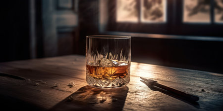 Rich whiskey in a glass, poised elegantly on a wooden table. Generative AIの素材