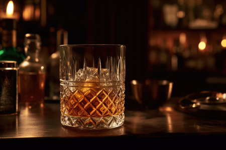 Rich whiskey in a glass, poised elegantly on a wooden table. Generative AIの素材