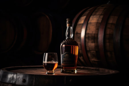 Whiskey bottle takes center stage before an aged barrel, evoking tradition. Generative AIの素材