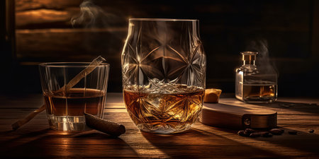Rich whiskey in a glass, poised elegantly on a wooden table. Generative AIの素材