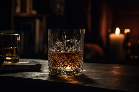 Rich whiskey in a glass, poised elegantly on a wooden table. Generative AIの素材