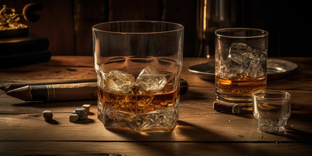 Rich whiskey in a glass, poised elegantly on a wooden table. Generative AIの素材