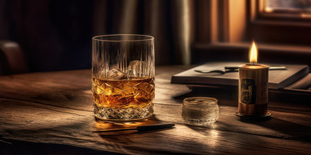 Rich whiskey in a glass, poised elegantly on a wooden table. Generative AIの素材