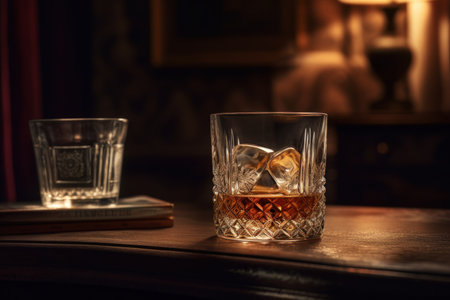 Rich whiskey in a glass, poised elegantly on a wooden table. Generative AIの素材