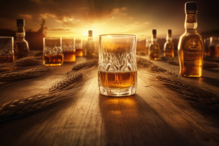 Whiskey glass gleams against a serene wheat field at sunset, nature's harmony. Generative AIの素材