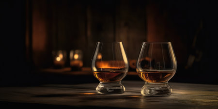 Rich whiskey in a glass, poised elegantly on a wooden table. Generative AIの素材