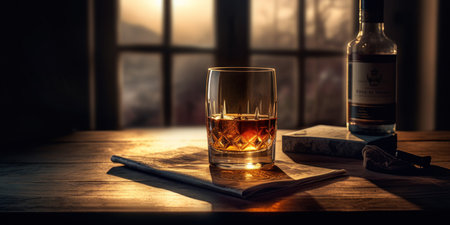 Rich whiskey in a glass, poised elegantly on a wooden table. Generative AIの素材