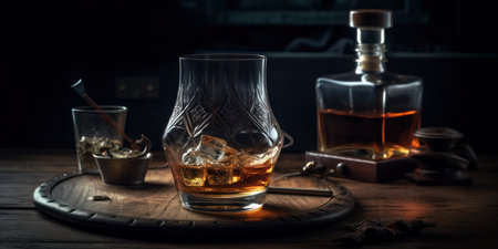 Rich whiskey in a glass, poised elegantly on a wooden table. Generative AIの素材