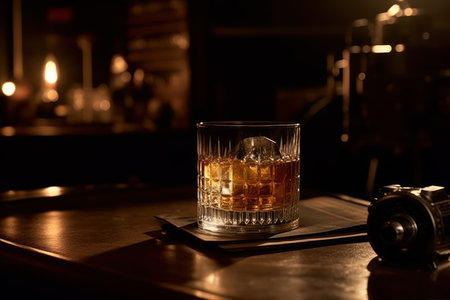 Rich whiskey in a glass, poised elegantly on a wooden table. Generative AIの素材