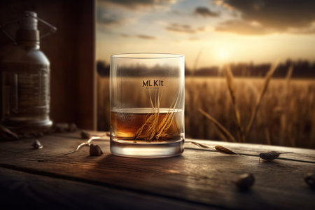 Whiskey glass gleams against a serene wheat field at sunset, nature's harmony. Generative AIの素材