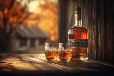 Rich whiskey in a glass, poised elegantly on a wooden table. Generative AIの素材
