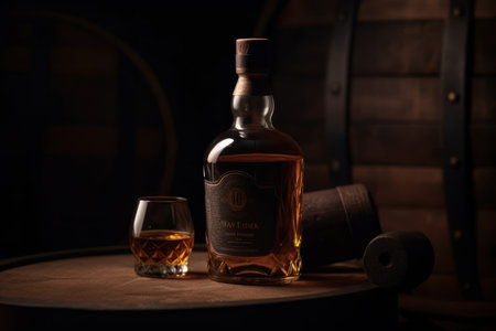 Whiskey bottle takes center stage before an aged barrel, evoking tradition. Generative AIの素材