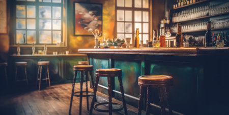 Dimly lit pub interior evokes warmth, with its bar counter and wooden chairs. Generative AIの素材
