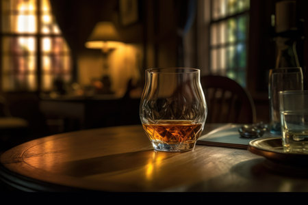 Rich whiskey in a glass, poised elegantly on a wooden table. Generative AIの素材