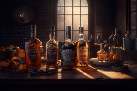 Scotch Whisky bottles line up, ready to grace patrons' glasses in a pub. Generative AIの素材