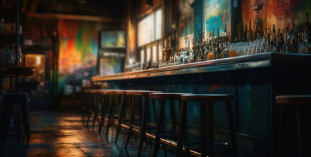 Dimly lit pub interior evokes warmth, with its bar counter and wooden chairs. Generative AIの素材