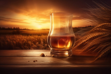 Whiskey glass gleams against a serene wheat field at sunset, nature's harmony. Generative AIの素材