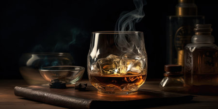 Rich whiskey in a glass, poised elegantly on a wooden table. Generative AIの素材
