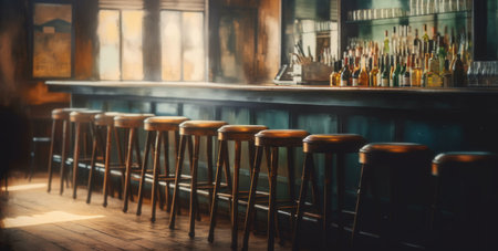 Dimly lit pub interior evokes warmth, with its bar counter and wooden chairs. Generative AIの素材