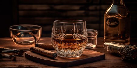 Rich whiskey in a glass, poised elegantly on a wooden table. Generative AIの素材