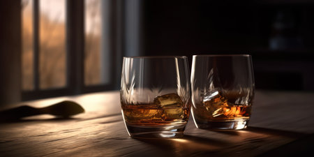 Rich whiskey in a glass, poised elegantly on a wooden table. Generative AIの素材