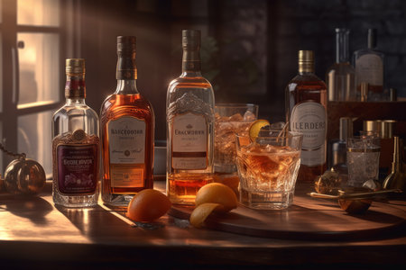 Scotch Whisky bottles line up, ready to grace patrons' glasses in a pub. Generative AIの素材
