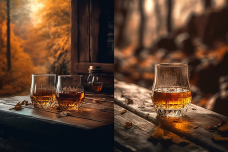 Rich whiskey in a glass, poised elegantly on a wooden table. Generative AIの素材