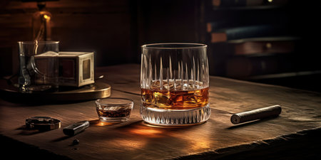 Rich whiskey in a glass, poised elegantly on a wooden table. Generative AIの素材