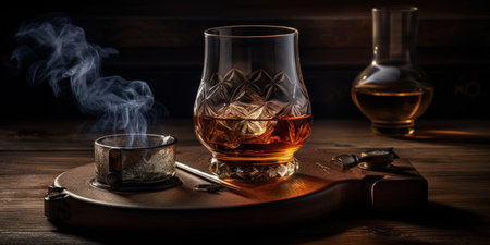 Rich whiskey in a glass, poised elegantly on a wooden table. Generative AIの素材