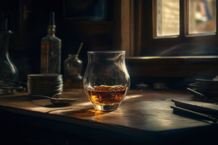 Rich whiskey in a glass, poised elegantly on a wooden table. Generative AIの素材