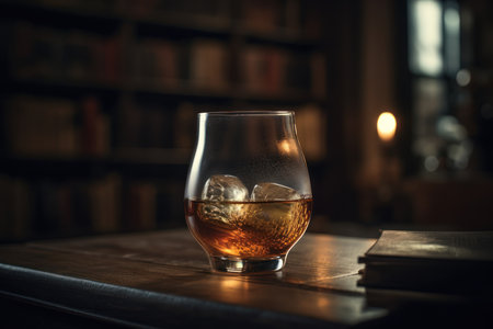 Rich whiskey in a glass, poised elegantly on a wooden table. Generative AIの素材