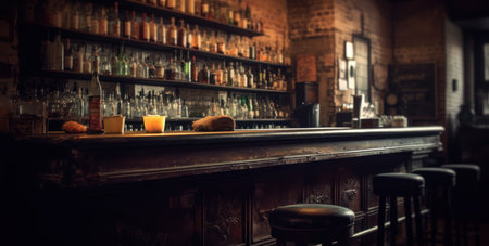 Dimly lit pub interior evokes warmth, with its bar counter and wooden chairs. Generative AIの素材