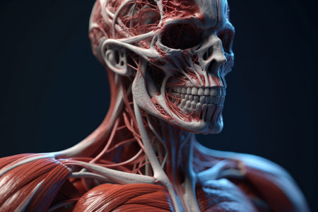 Human anatomy showcasing male muscles with nerves, isolated on black background, Generative AI.の素材