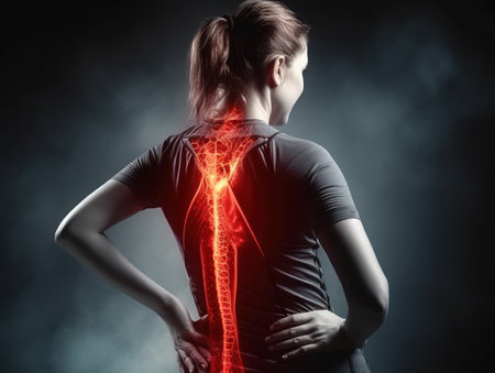 Sportswoman experiencing back pain, highlighting the importance of proper care in athletics, Generative AI.の素材