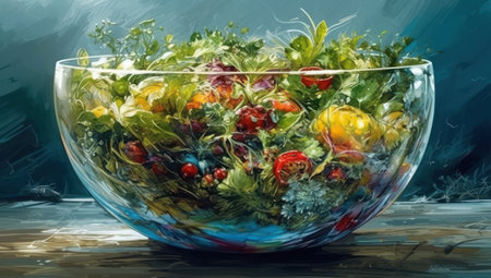 Bountiful table filled with assorted fruits and vegetables, a colorful display of healthy eating, Generative AI.の素材