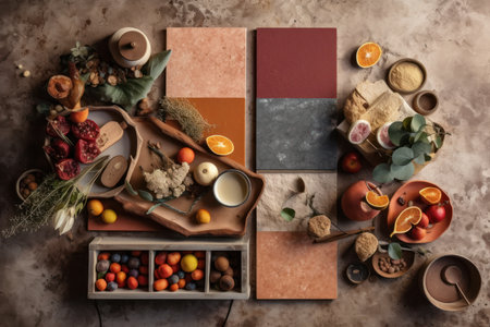 Delightful table showcasing a diverse array of fruits and vegetables for a healthy, appetizing meal, Generative AI.の素材