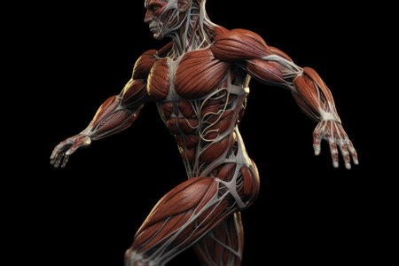 Human anatomy showcasing male muscles with nerves, isolated on black background, Generative AI.の素材
