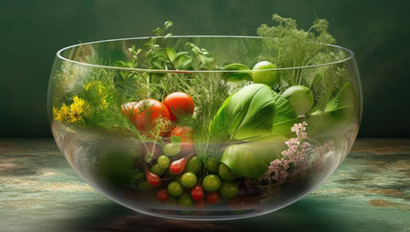 Bountiful table filled with assorted fruits and vegetables, a colorful display of healthy eating, Generative AI.の素材