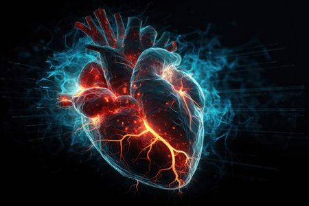 3D illustration of human heart intertwined with neurons, depicting the nervous system, medical background, Generative AI.の素材